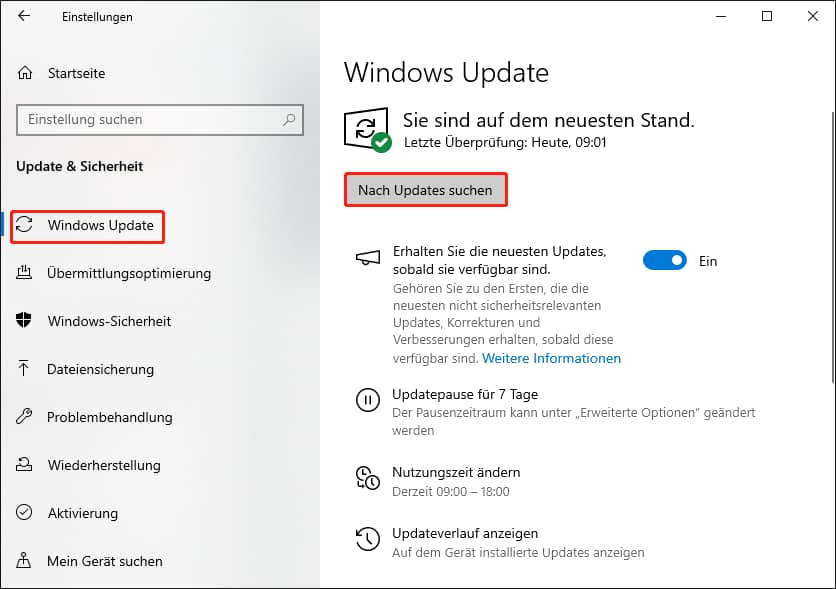 Klicken Sie auf die Schaltfläche Nach Updates suchen