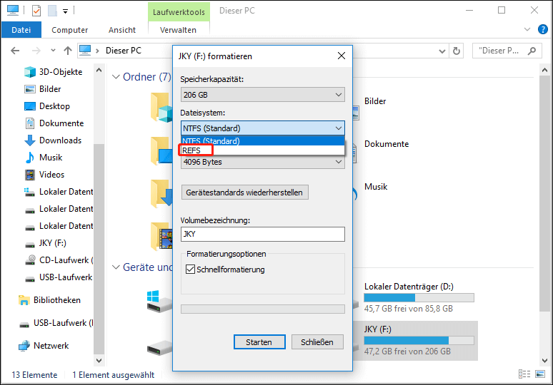 Partition im Datei-Explorer formatieren