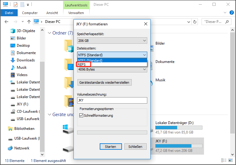 Partition im Datei-Explorer in ReFS formatieren