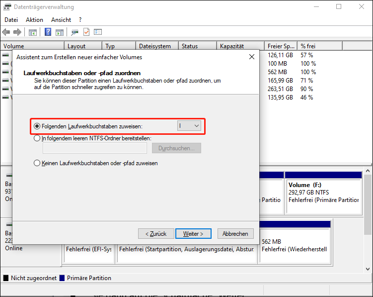 Wählen Sie einen Laufwerksbuchstaben für die Partition aus