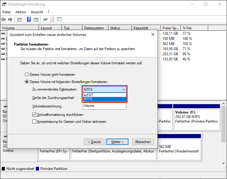 Wählen Sie ein Dateisystem für die Partition aus