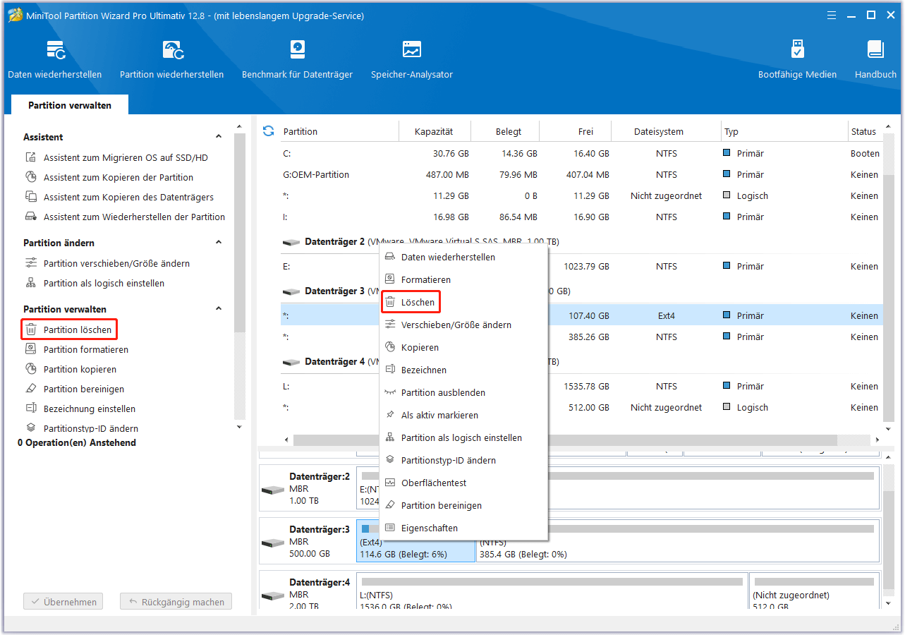 Ext4-Partition mit MiniTool Partition Wizard löschen