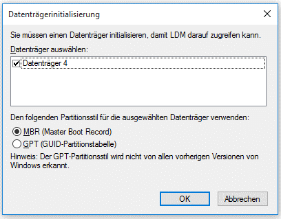 Datenträger in MBR initialisieren