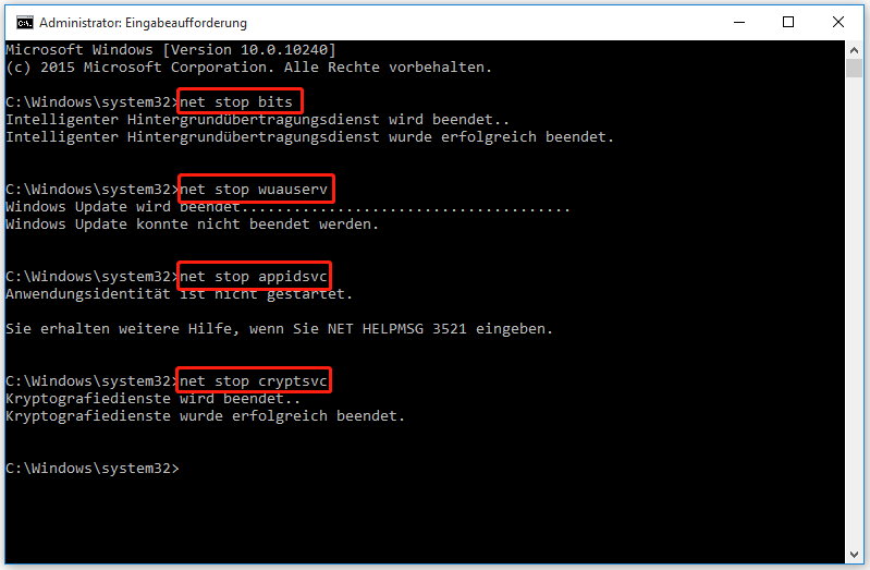 Führen Sie den Befehl zum Beenden der Dienste BITS, Windows Update und Cryptographic aus
