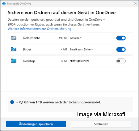 OneDrive zu sichernde Elemente auswählen