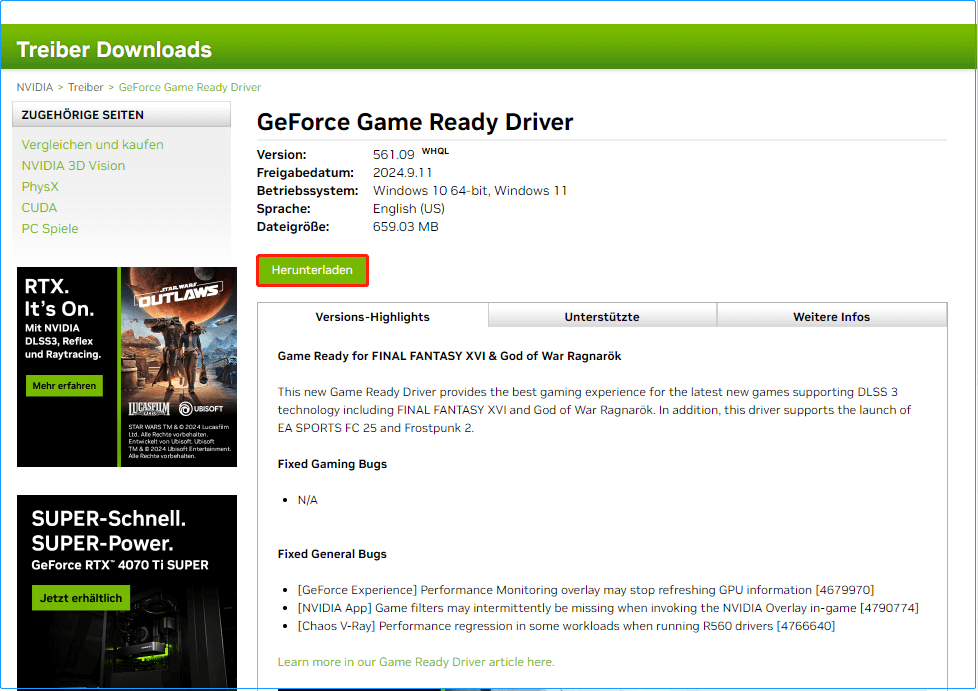 Der GeForce Game Ready-Treiber Version 561.09 steht zum Download bereit