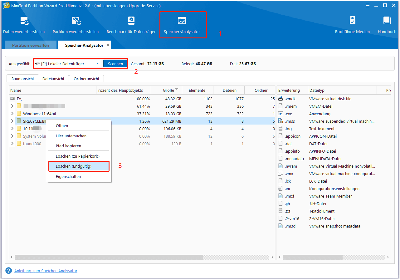 Papierkorb-Ordner mit Partition Manager bereinigen