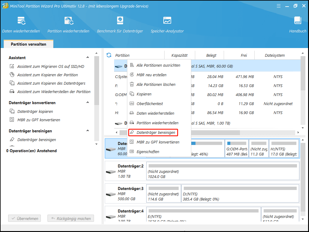 Mit Partition Manager Datenträger bereinigen