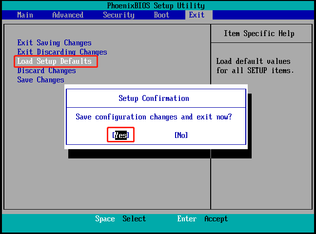 Wählen Sie Load Setup Defaults (Standardeinstellungen laden)