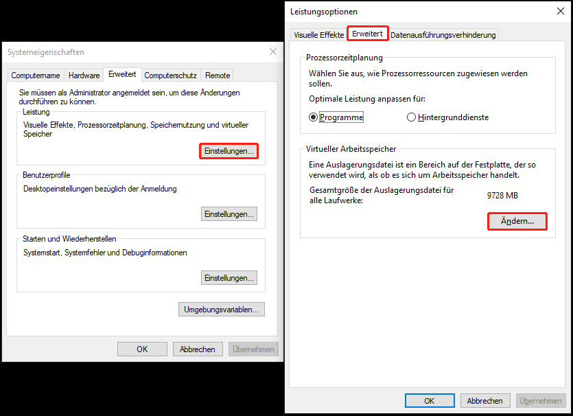 Klicken Sie unter Virtueller Arbeitsspeicher auf Ändern
