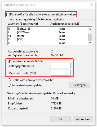 Virtueller Arbeitsspeicher ändern