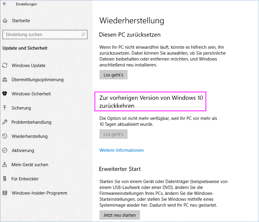 Zur vorherigen Version von Windows 10 zurückkehren