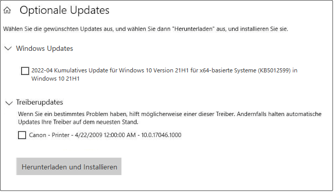 Optionale Updates herunterladen und installieren