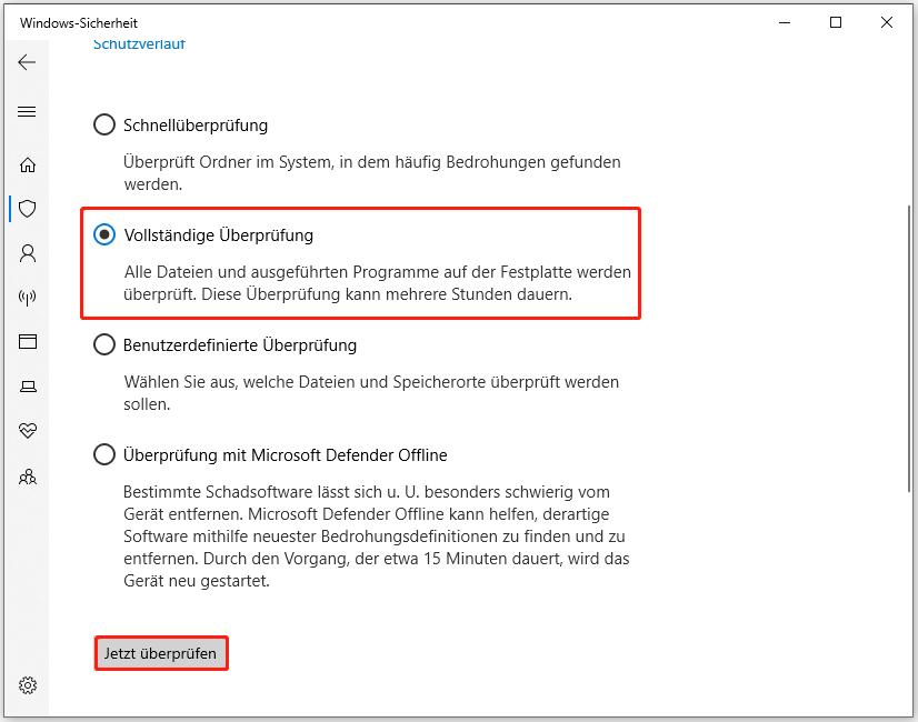 Vollständige Überprüfung mit Windows Sicherheit