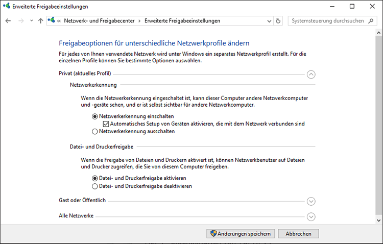 Aktivieren Sie Netzwerkerkennung einschalten und Dateifreigabe im Fenster von der Erweiterte Freigabeeinstellungen