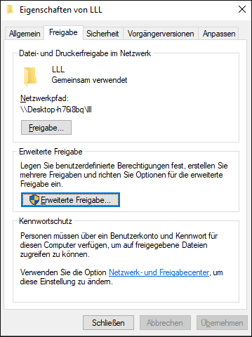 Im Fenster von Eigenschaften von LLL klicken Sie auf die Registerkarte Freigabe und anschließend auf Freigeben…