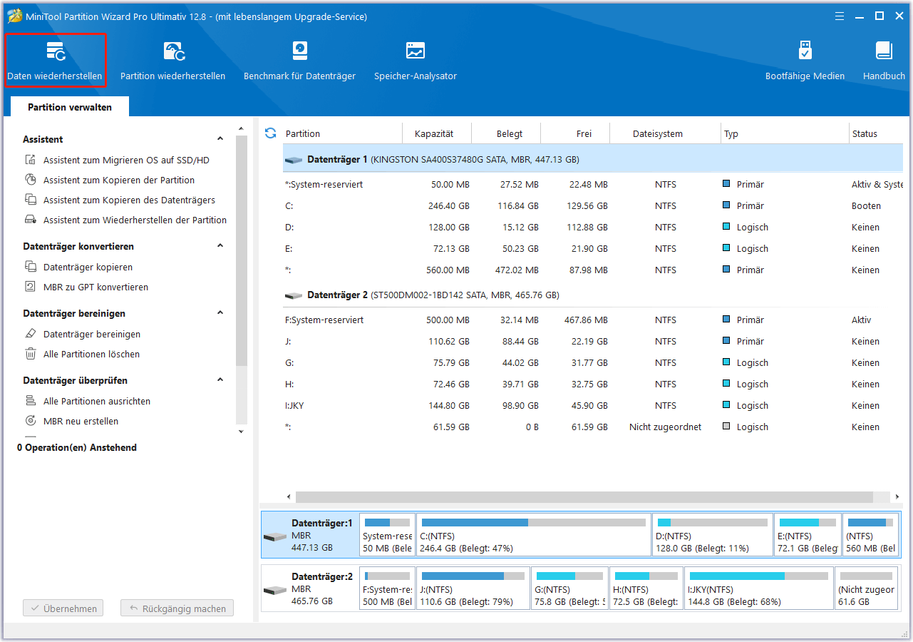 Daten wiederherstellen in MiniTool Partition Wizard wählen