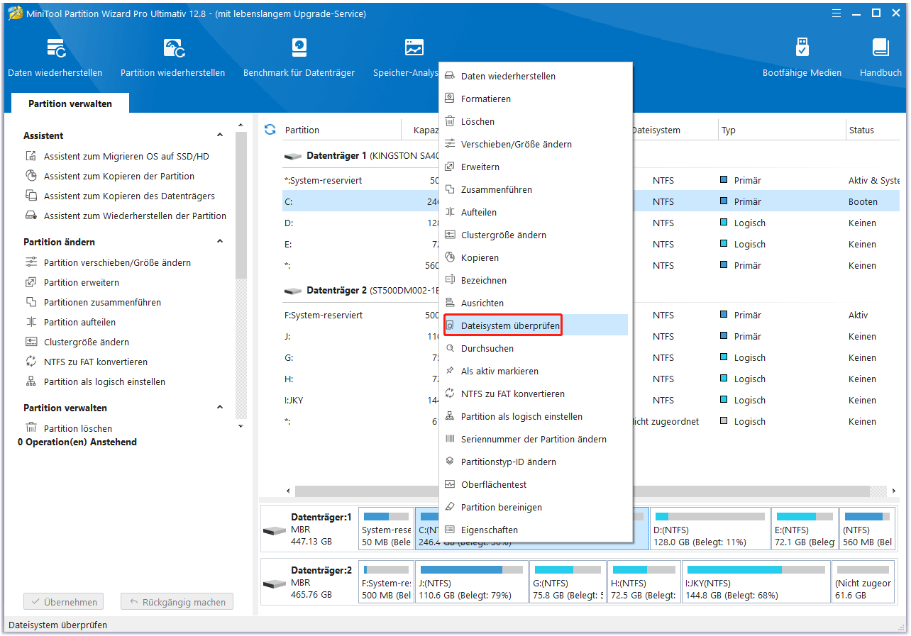 Im MiniTool Partition Wizard auf Dateisystem überprüfen klicken