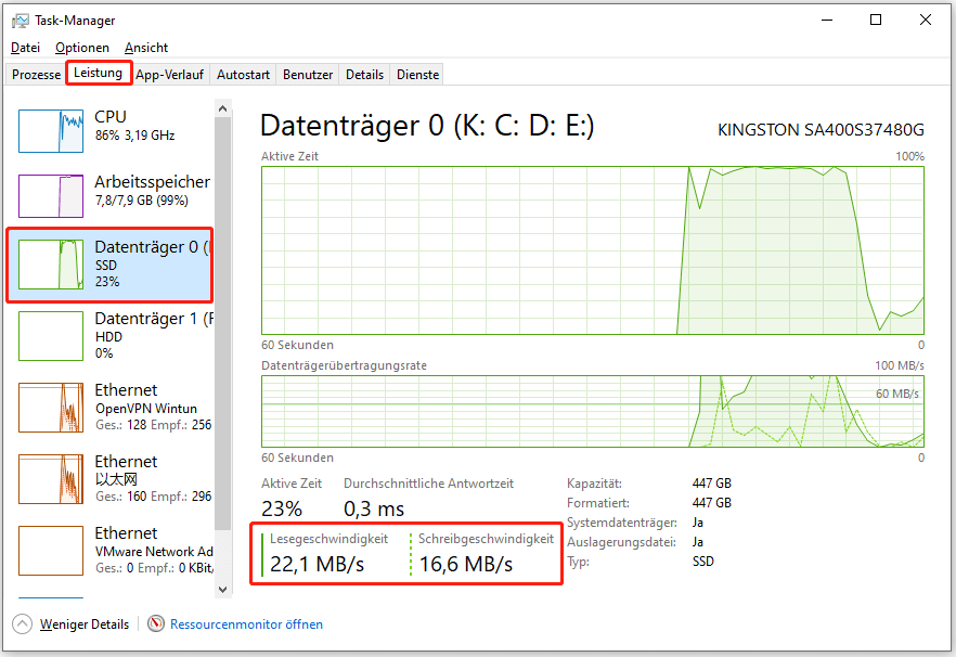 Überprüfen Sie die Lese- und Schreibgeschwindigkeit