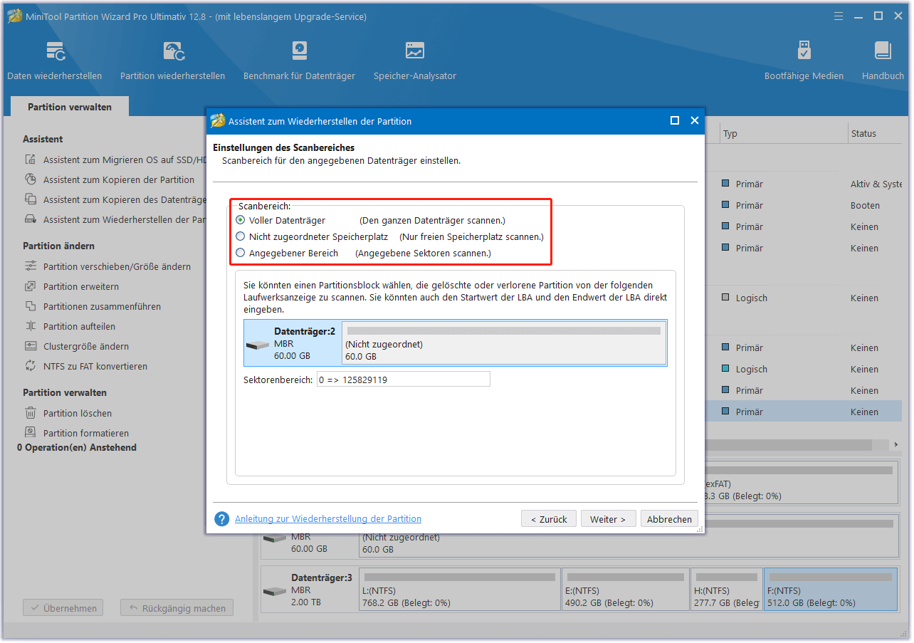 Mit MiniTool Partition Wizard zum Festlegen des Suchbereichs