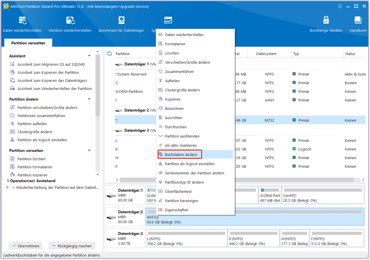 Wählen Sie Buchstaben ändern in MiniTool Partition Wizard