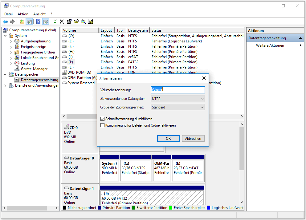 Mit Datenträgerverwaltung FAT32-Partition neu formatieren