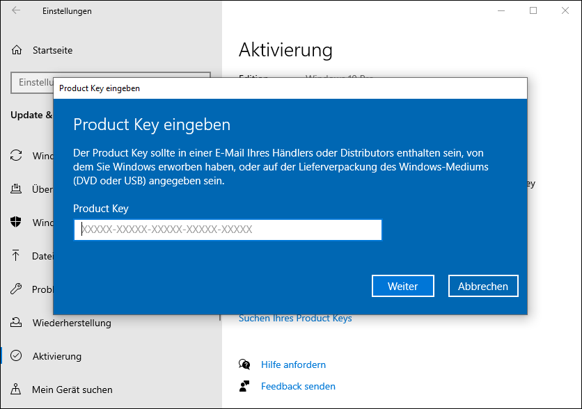 Geben Sie den Product Key ein