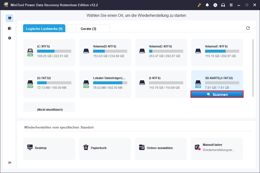 Starten Sie die MiniTool Power Data Recovery Software, dann wählen Sie die Partition aus und klicken Sie auf die Schaltfläche Scannen