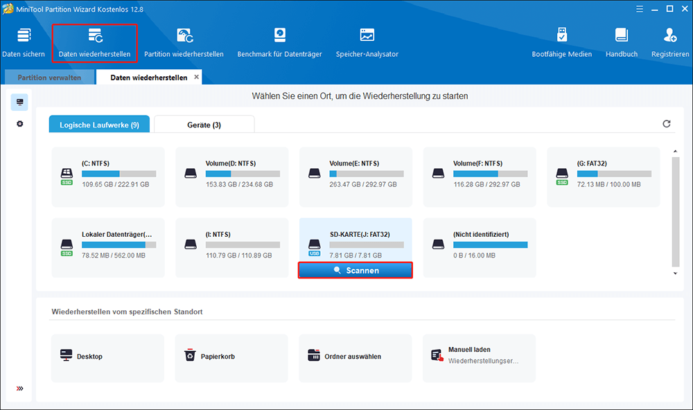 Wechseln Sie in der Hauptoberfläche zum Bereich Daten wiederherstellen, bewegen Sie den Cursor zur SD-Karte und klicken Sie auf das Scannen-Symbol