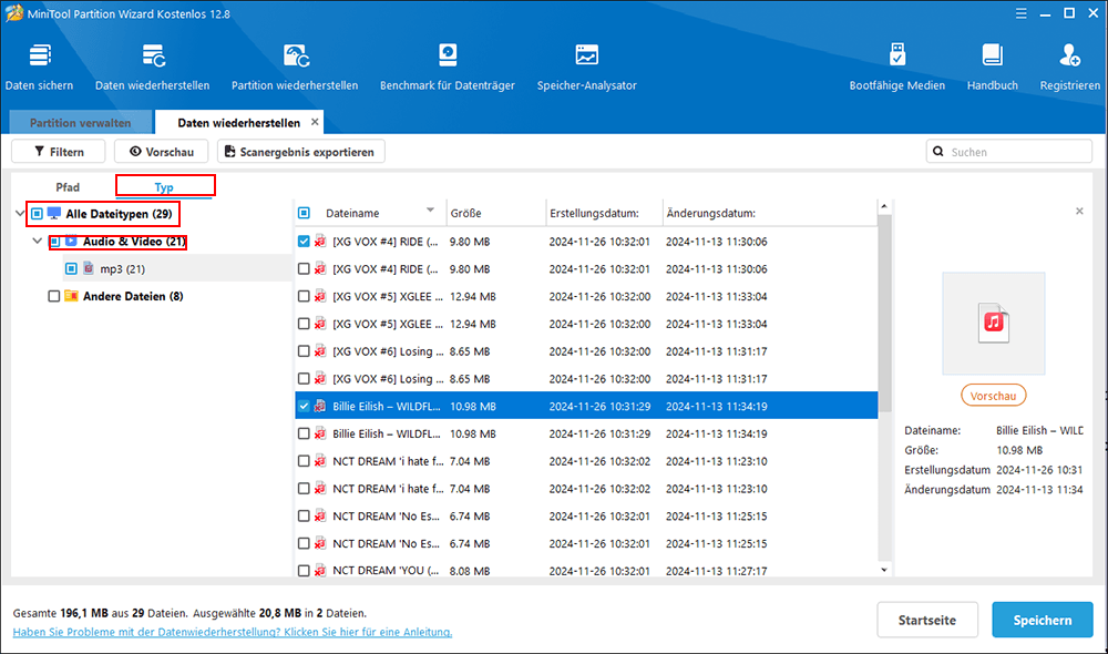 Nach Abschluss des Scans klicken Sie auf Typ, Alle Dateitypen, Audio & Video, um die Audiodateien, die Sie wiederherstellen möchten, anzuzeigen und zu lokalisieren
