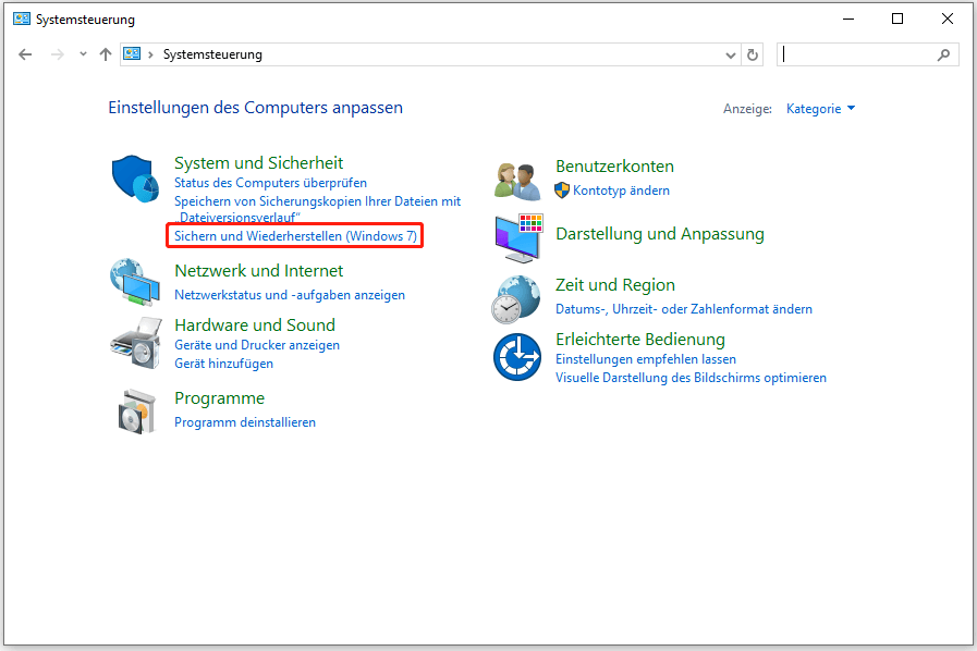 Sichern und Wiederherstellen (Windows 7) auswählen