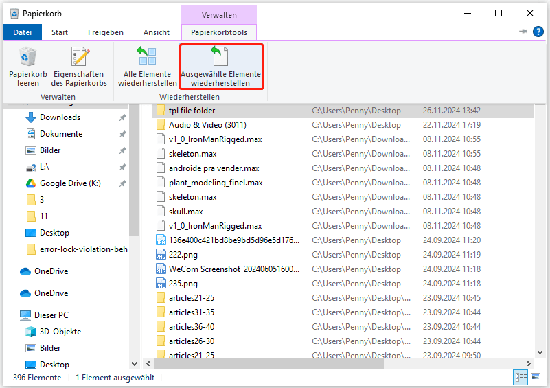 Klicken Sie auf Ausgewählte Elemente wiederherstellen im Papierkorb