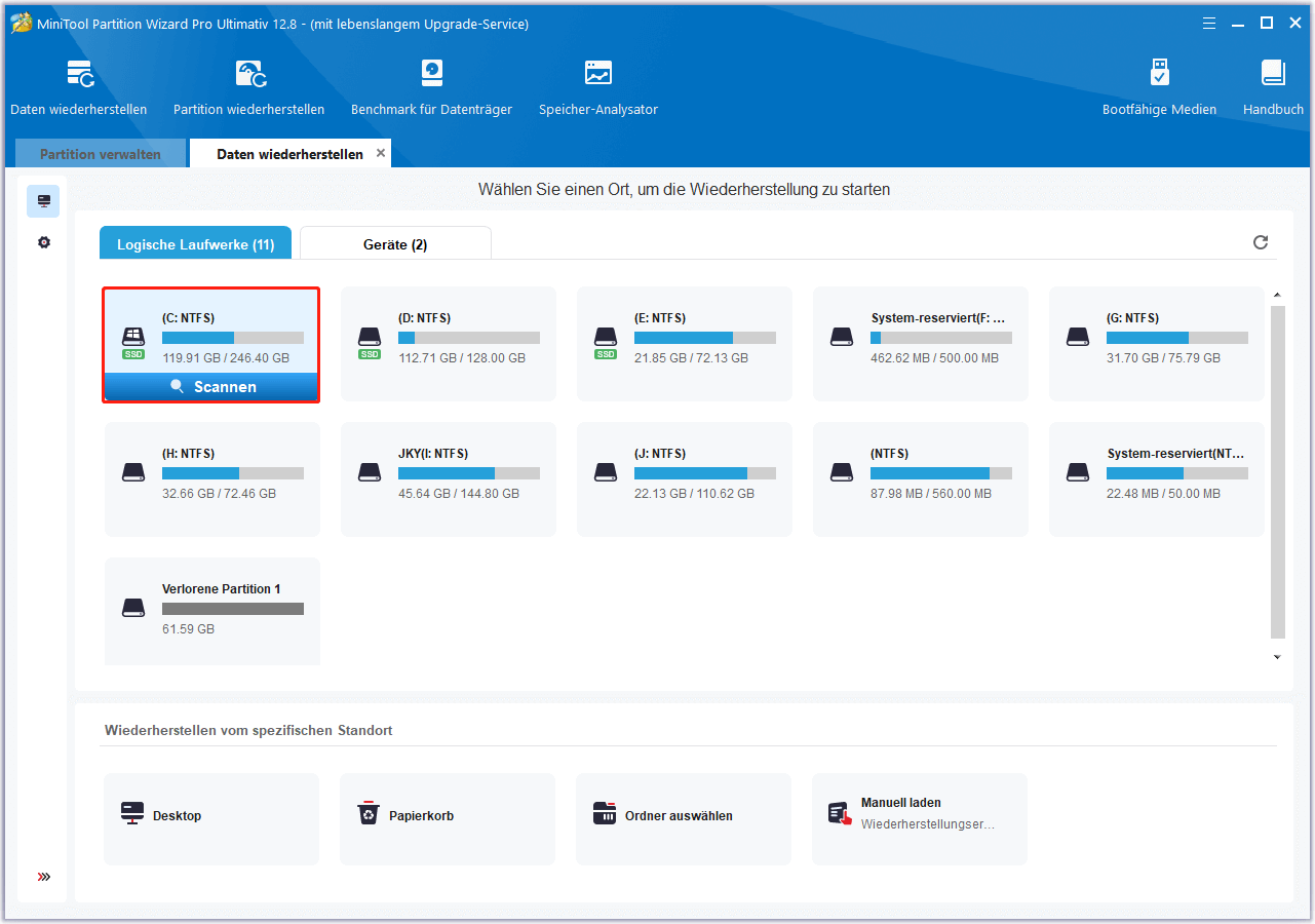 Klicken Sie auf Scannen in MiniTool Partition Wizard