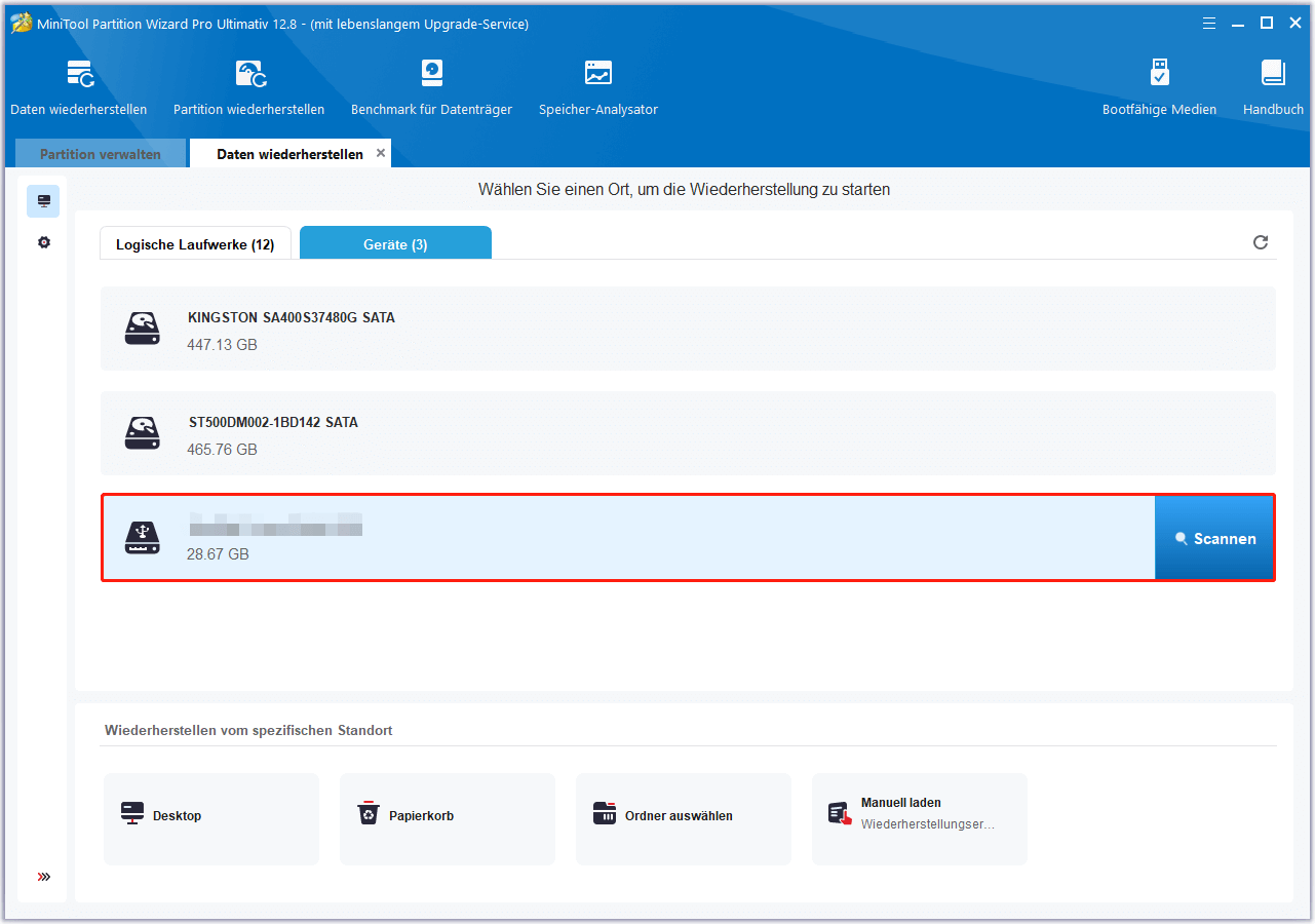 Mit der Funktion Daten wiederherstellen von MiniTool Partition Wizard externe Festplatte scannen