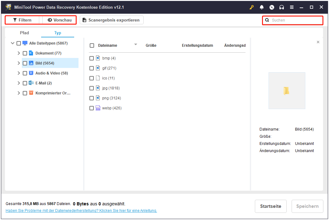 Dateien mit verschiedenen Funktionen in MiniTool Power Data Recovery finden