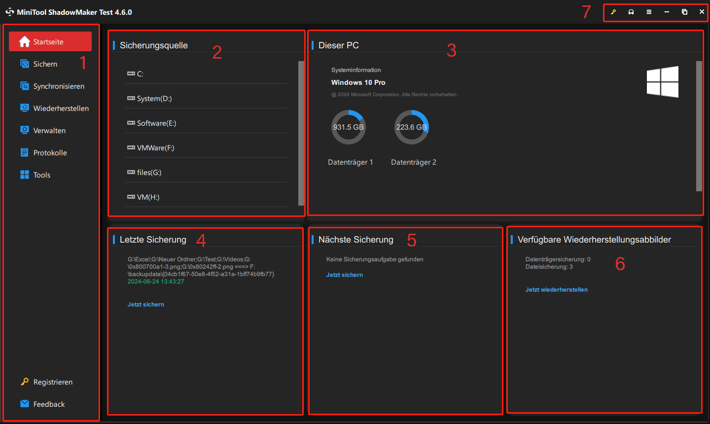 Hauptinterface von MiniTool ShadowMaker