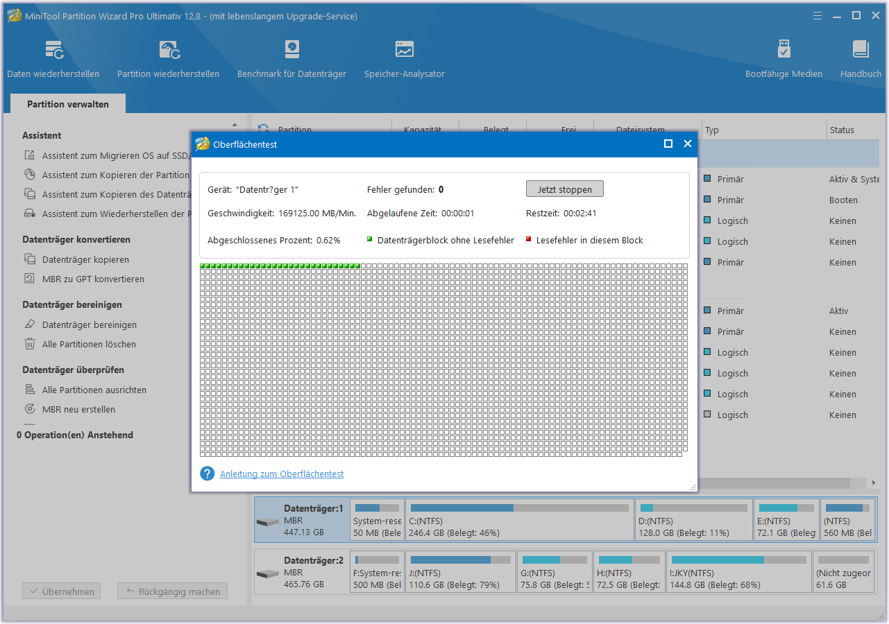 MiniTool Partition Wizard prüft auf fehlerhafte Sektoren