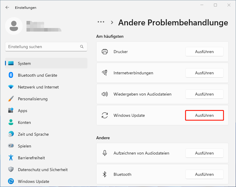 Klicken Sie in den Systemeinstellungen auf die Schaltfläche Ausführen neben Windows Update, um Update-Fehler zu beheben