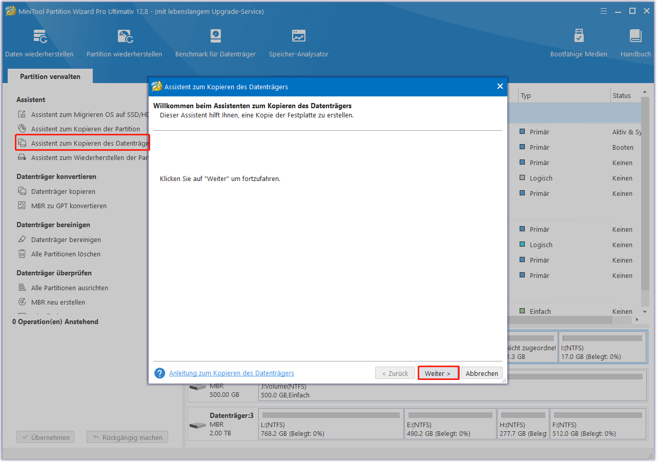 Assistent zum Kopieren des Datenträgers von MiniTool Partition Wizard verwenden