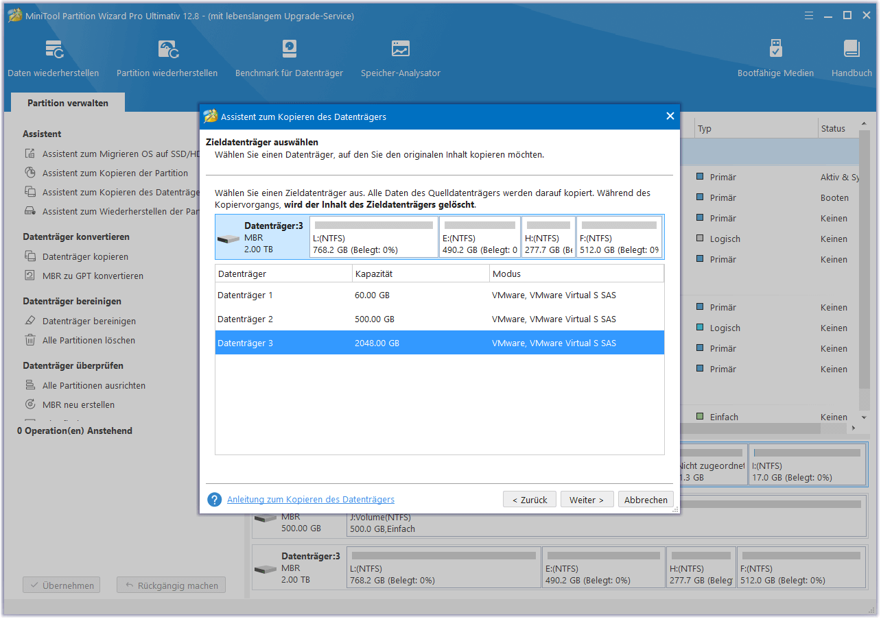 Auswahl des Zieldatenträgers in MiniTool Partition Wizard