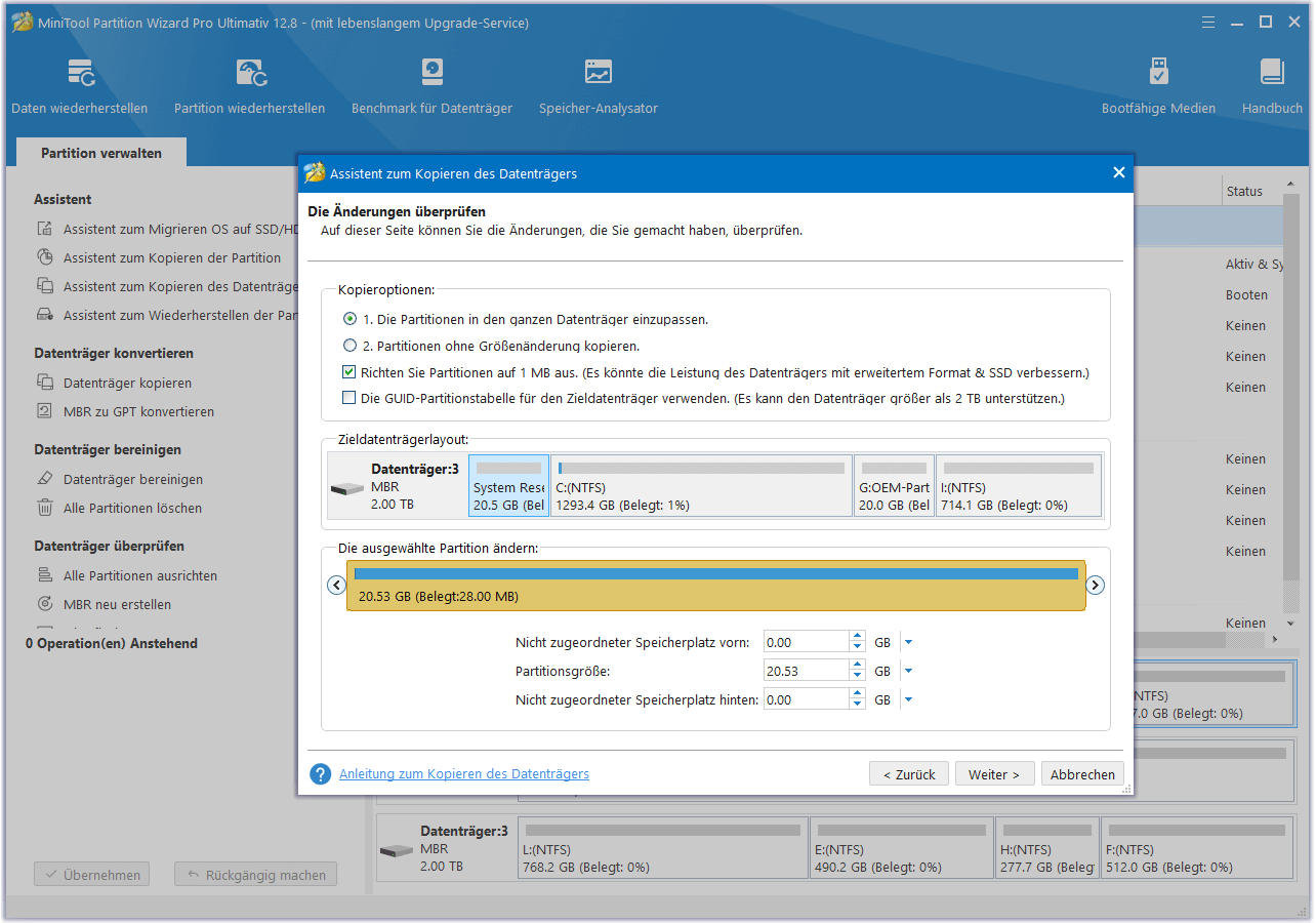 Anpassen der Kopiereinstellungen in MiniTool Partition Wizard