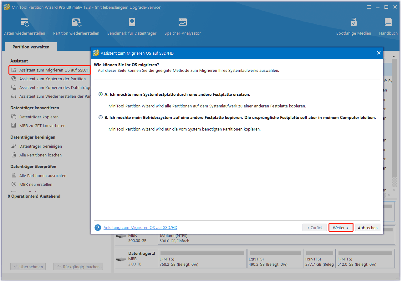 Assistent zum Migrieren von Betriebssystemen auf SSD/HD von MiniTool Partition Wizard verwenden