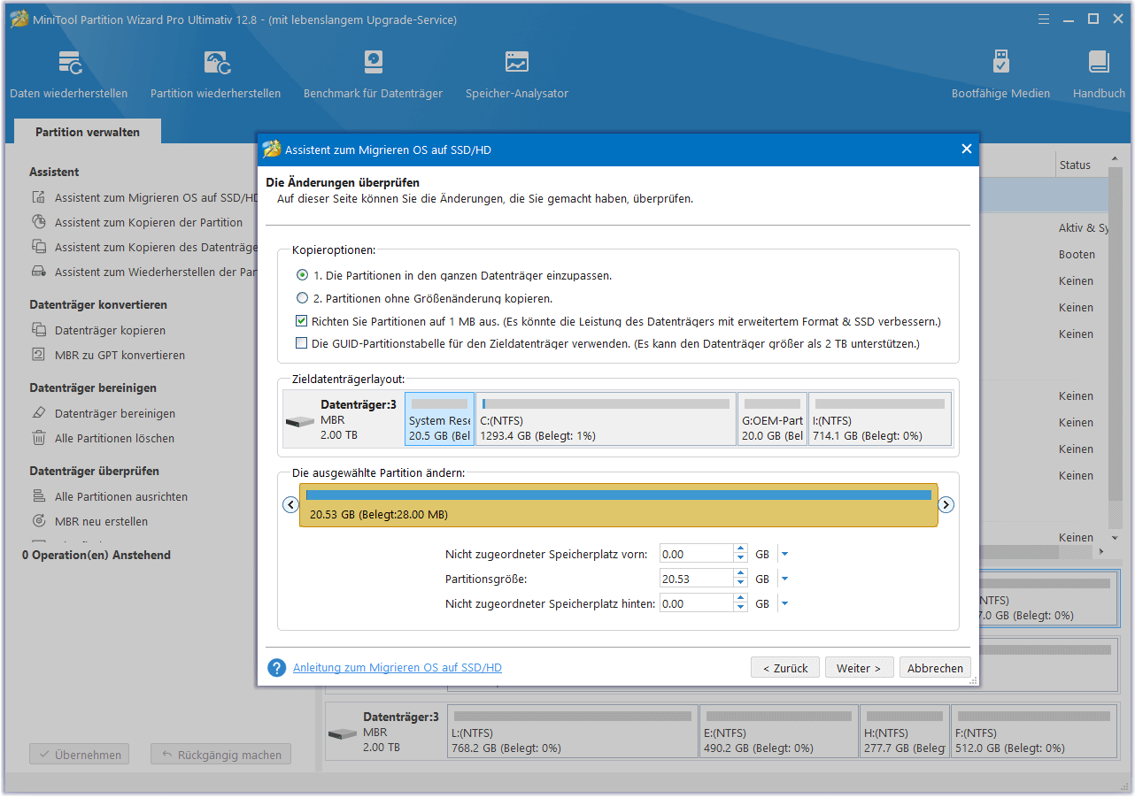 Kopiereinstellungen in MiniTool Partition Wizard konfigurieren