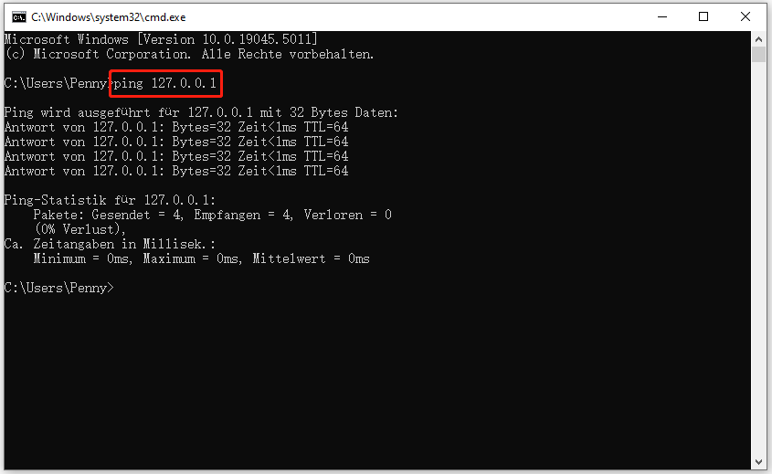 ping 127.0.0.1 in CMD eingeben