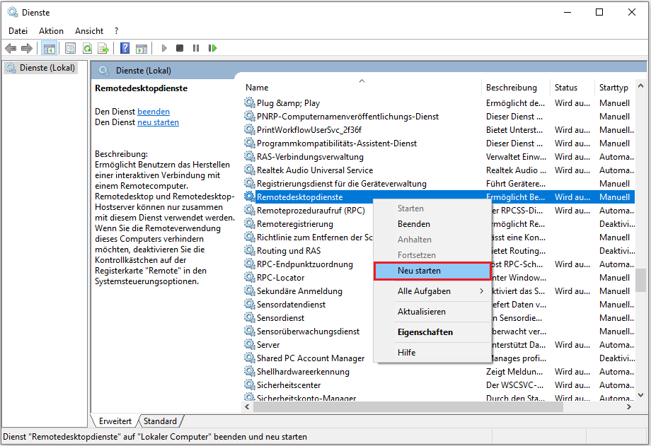 Remotedesktopdienste neu starten