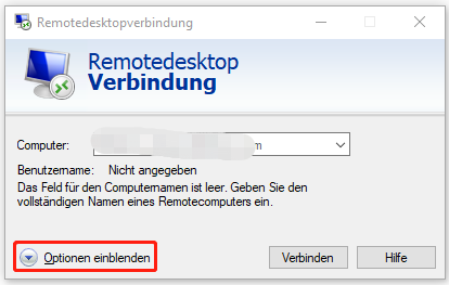 Remotedesktopverbindung Optionen einblenden