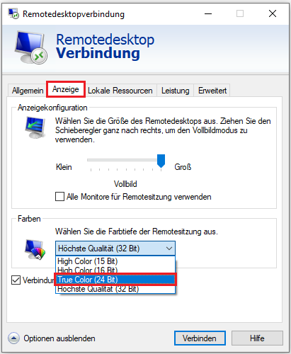 True Colour (24 Bit) wählen