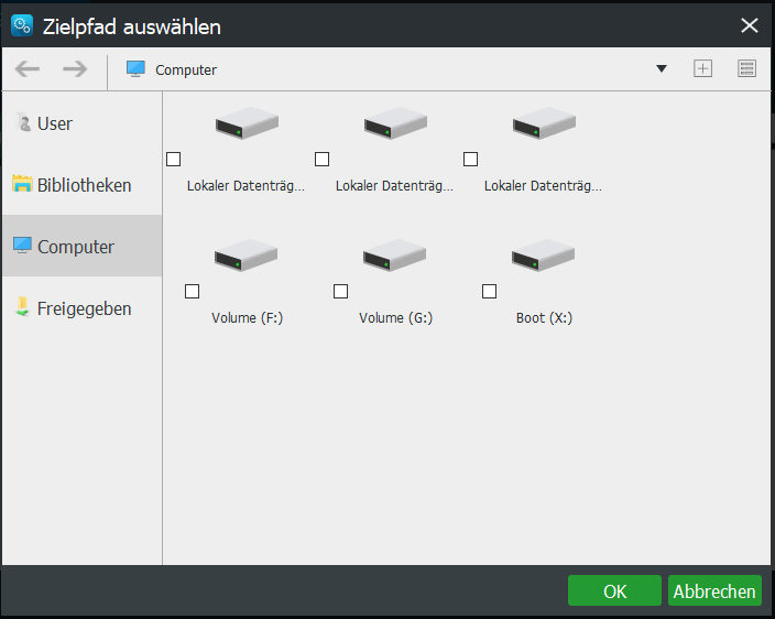 einen Pfad zur Speicherung der Datensicherung in MiniTool ShadowMaker Bootfähig auswählen