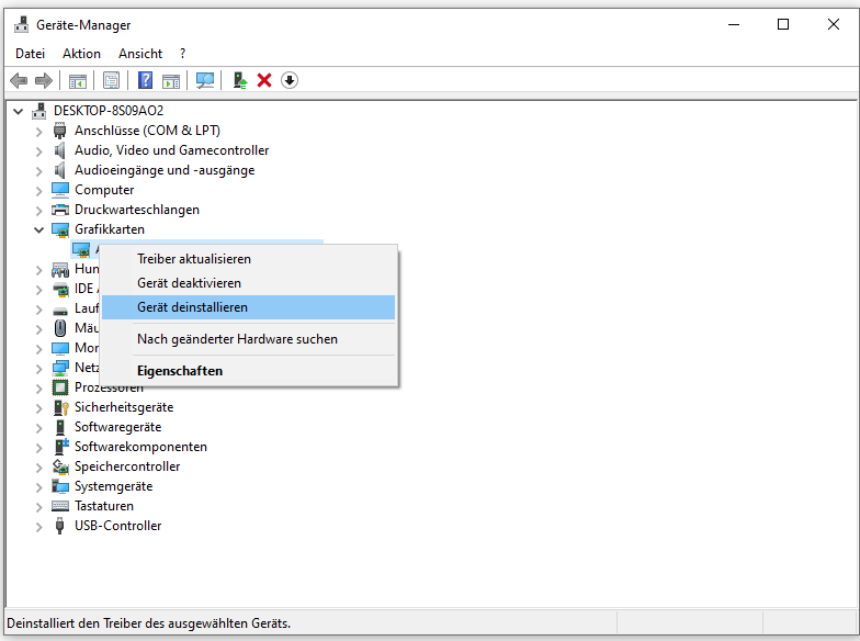Option Gerät deinstallieren wählen, um Grafiktreiber im Geräte-Manager zu deinstallieren