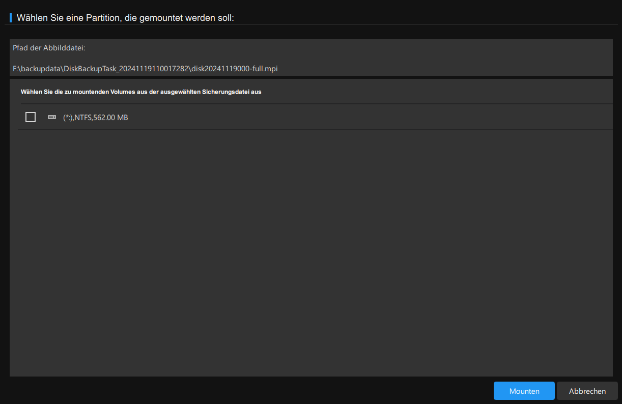 Wählen Sie eine Partition, die montiert werden soll